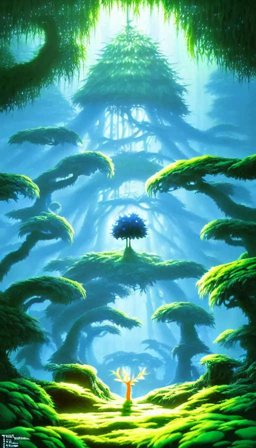 Prompt: a forest of ori in the blind forest, studio ghibli, painted by tim white, michael whelan, j. c. 8 k