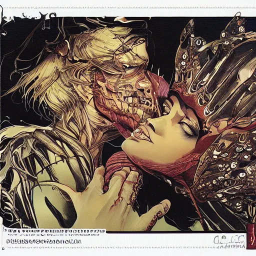 Image similar to closeup of vampire kiss, by yoichi hatakenaka, masamune shirow, josan gonzales and dan mumford, ayami kojima, takato yamamoto, karol bak