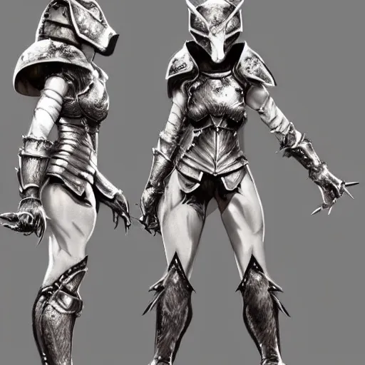 Prompt: A female anthropomorphic wolf wearing heavy knight armor. Concept art. Artstation. Full-body