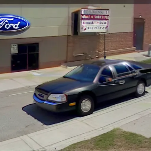Prompt: cctv footage of ford crown victoria, high angle security camera feed, blurry and glitchy,