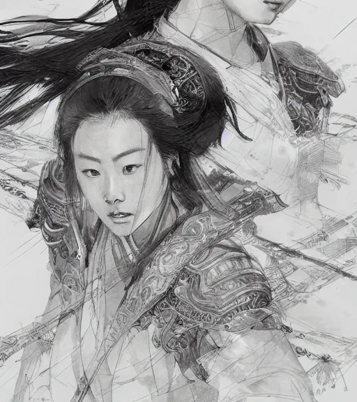 Image similar to hua mulan, pen and ink, intricate line drawings, by craig mullins, ruan jia, kentaro miura, greg rutkowski, loundraw