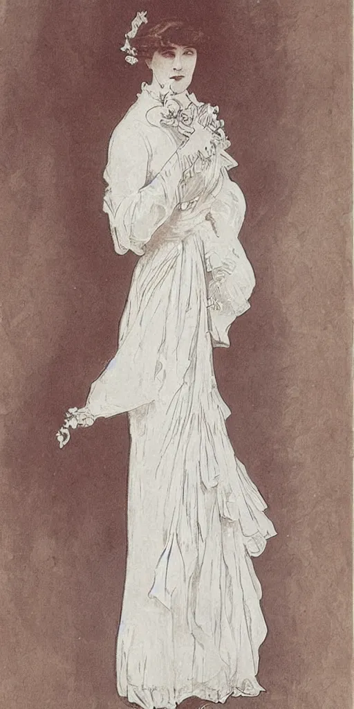 Prompt: an edwardian woman wearing a white dress, in the style of mucha
