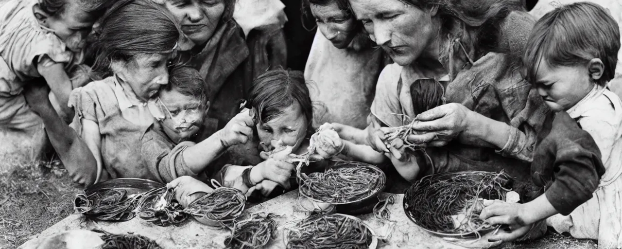 Prompt: dorothea lange photograph of a struggling mother feeding spaghetti to children, 1 9 3 6, rural, canon 5 0 mm, kodachrome, retro