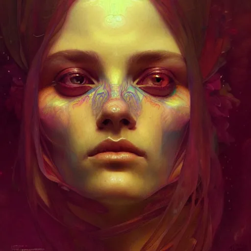 Image similar to An extremely psychedelic portrait, surreal, LSD, face, detailed, intricate, elegant, lithe, highly detailed, digital painting, artstation, concept art, smooth, sharp focus, illustration, art by Krenz Cushart and Artem Demura and alphonse mucha