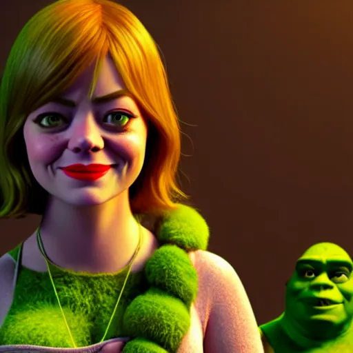 Image similar to Emma Stone as a female version of Shrek, Shrek face features, fully detailed, high quality , 4k , octane render , soft lightening , masterpiece