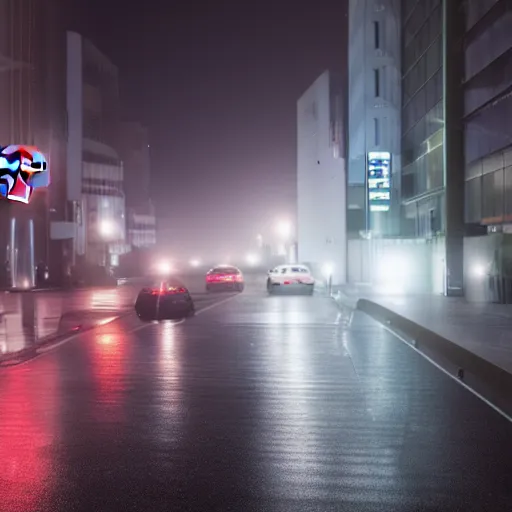 Image similar to tesla in tokyo at a foggy and rainy night, realistic 4 k