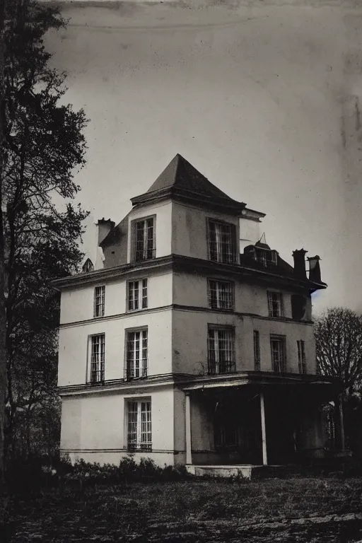 Image similar to Black and white camera obscura image of creepy mansion, 1910s paris, scary, horror, dark mood