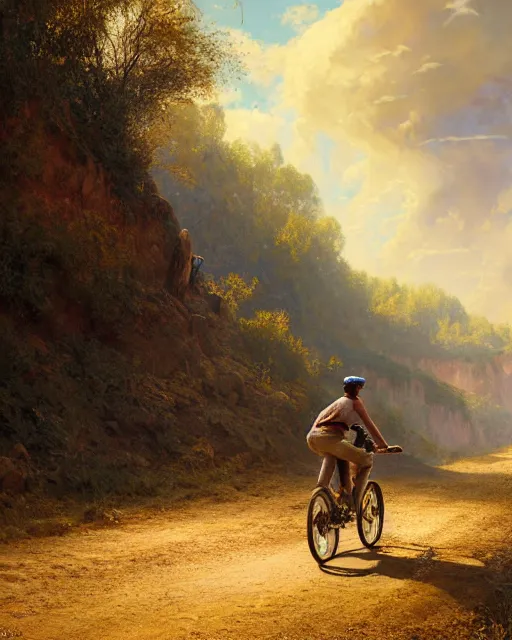 Prompt: a painting of a person riding a bike down a dirt road, a detailed matte painting by julian onderdonk, cgsociety, photorealism, reimagined by industrial light and magic, unreal engine 5, unreal engine