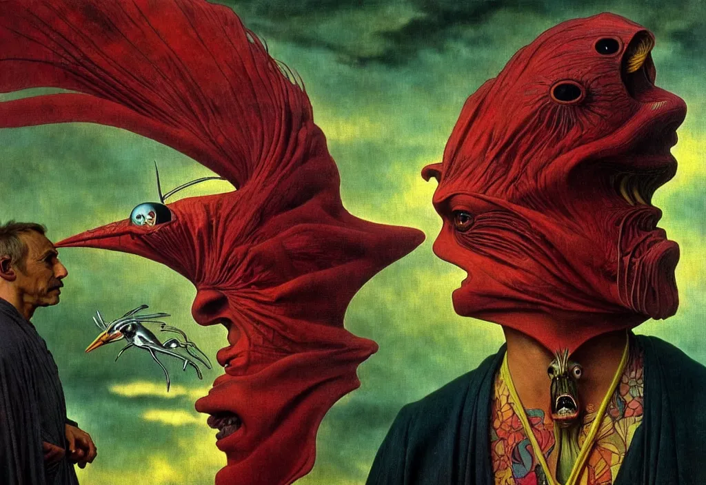 Image similar to realistic detailed portrait movie still of a birdman wearing dark robe, sci fi landscape background by denis villeneuve, amano, yves tanguy, alphonse mucha, ernst haeckel, max ernst, roger dean, masterpiece, rich moody colours, snarling dog teeth