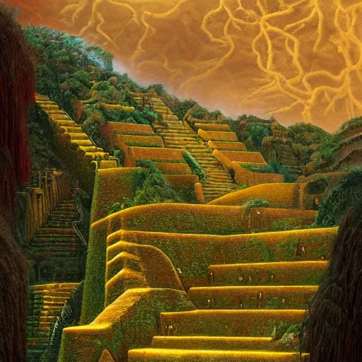 Image similar to intricate stunning highly detailed illustration of the inca lost city of gold, red blood blood blood rivers running through stairs, blood red 🌱, by agostino arrivabene and vladimir kush, surreal, digital painting, ultra realistic, dramatic lighting, twisted vines, lush plants, gold, inca, pristine water, artstation