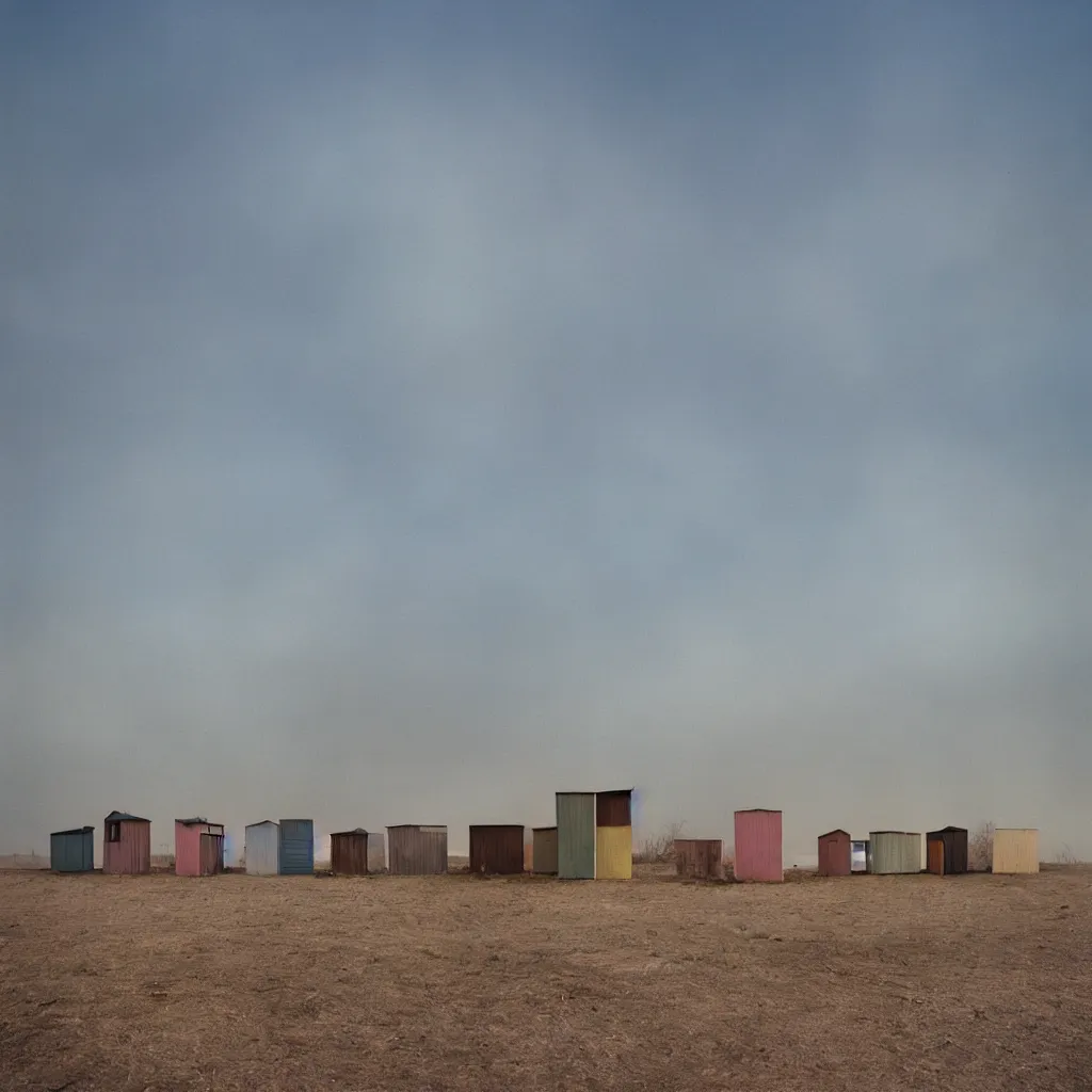 Image similar to vertically stacked makeshift squatter shacks with pastel colours, plain uniform sky at the back, misty, mamiya, ultra sharp, very detailed, photographed by alejandro jodorowsky
