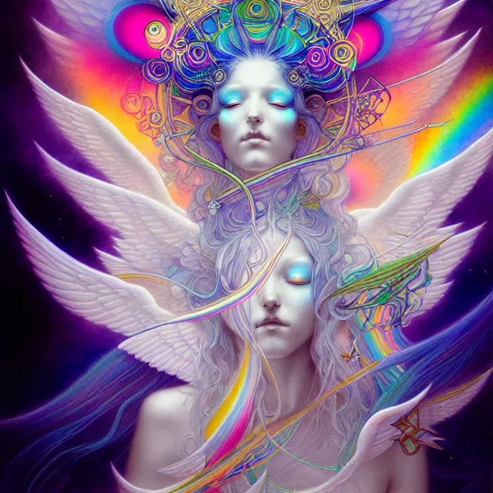 Image similar to psychedelic angelic celestial being by yoshitaka amano, and peter mohrbacher, ayahuasca, sacred geometry, esoteric art, rainbow colors