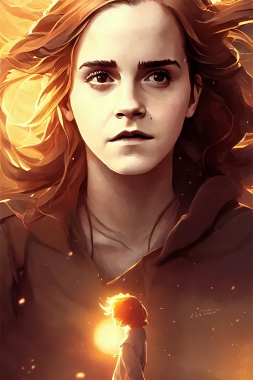 Image similar to Poster artwork, Emma Watson as Hermione Granger, magnificent, medium shot, close up, details, sharp focus, elegant, highly detailed, illustration, by Jordan Grimmer and greg rutkowski and PiNe(パイネ) and 薯子Imoko and 香川悠作 and wlop!! and maya takamura, intricate, beautiful, Trending artstation, pixiv, digital Art