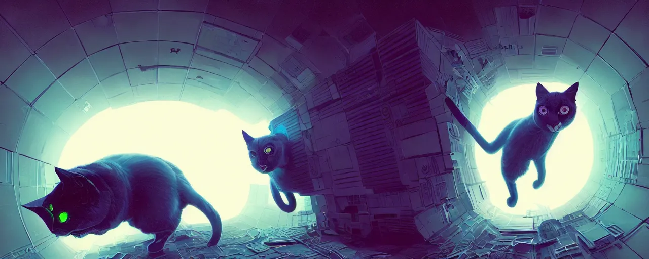 Image similar to duotone noir scifi concept illustration of 3 d mesh of cat inside box zero gravity glowing 3 d mesh quantum portals, glowing eyes, octane render, surreal atmosphere, volumentric lighting. accidental renaissance. by sachin teng and sergey kolesov and ruan jia and heng z. graffiti art, scifi, fantasy, hyper detailed. trending on artstation