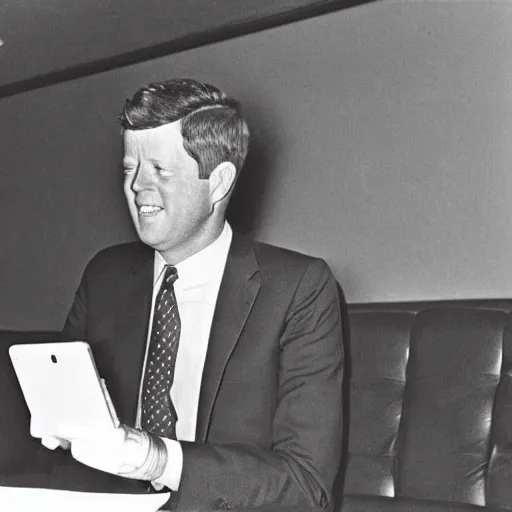 Prompt: 1 9 7 0 s vintage photograph of kennedy using an ipad, very detailed, very intricate,