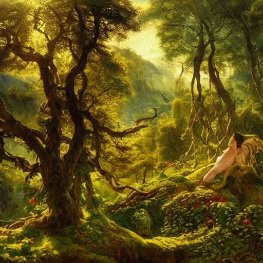 Image similar to a beautiful and highly detailed epic oil painting of a lush valley in the mountains, beautiful trees, tangled vines, ancient runes, intricate details, epic scale, insanely complex, 8 k, sharp focus, hyperrealism, fantasy landscape, psychedelic, by caspar friedrich and brian froud, albert bierstadt,