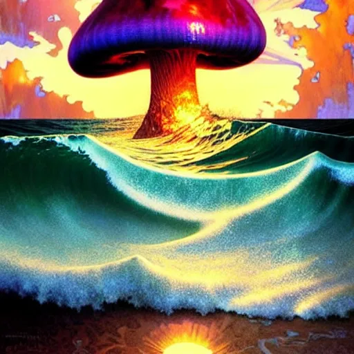 Prompt: ocean wave crashing around giant psychedelic mushroom, lsd water, dmt waves, backlit, sunset, refracted lighting, art by collier, albert aublet, krenz cushart, artem demura, alphonse mucha