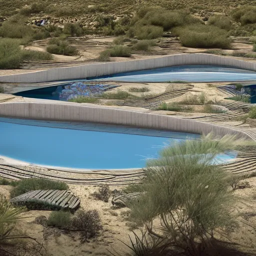 Image similar to architectural rendering of biophilia brutalism building in the desert, pool, garden