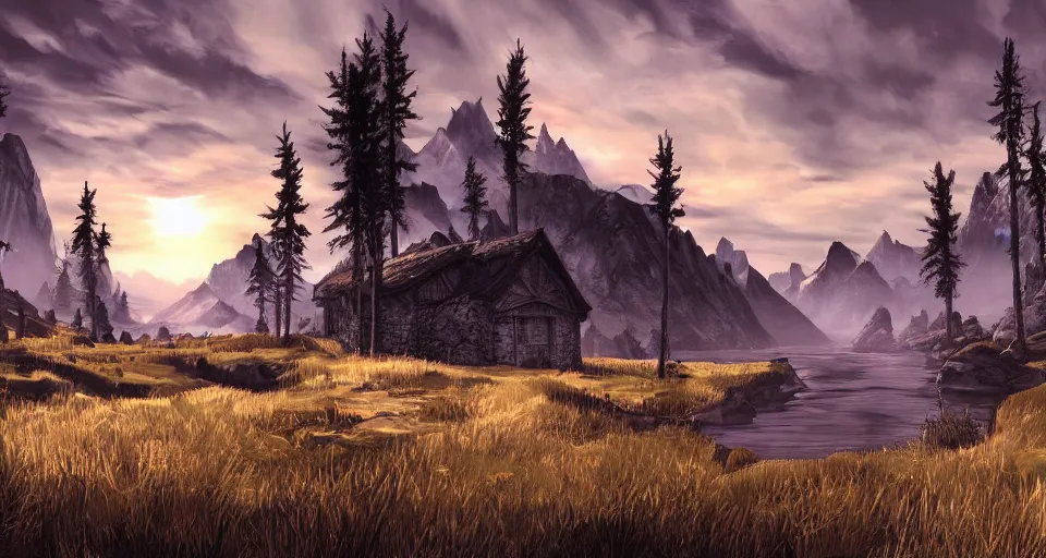 Image similar to skyrim landscape in the art style of grand theft auto five cover art digital artwork cell shaded sunset