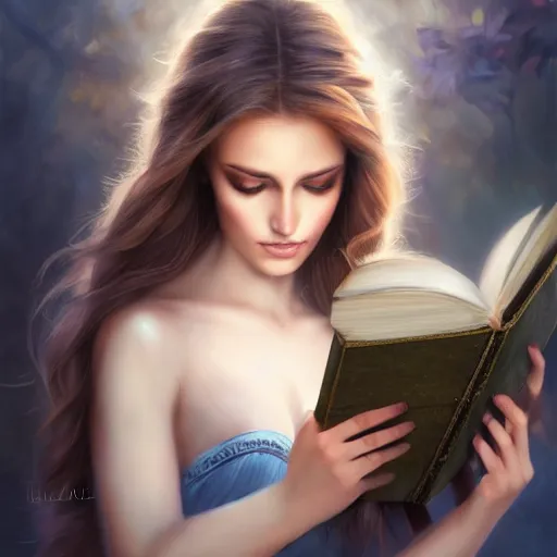 Image similar to a girl with magic book coming out from her arms, under the skin, ultradetailed, hair flowing down, 8 k, hyperrealistic, hyperdetailed, fantasy portrait by laura sava