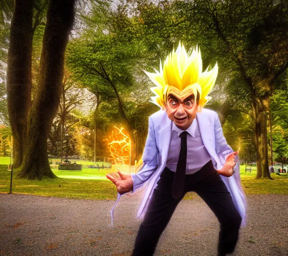 Image similar to portrait photo of mr bean as super saiyan, in a park by luis royo. soft light. sony a 7 r iv