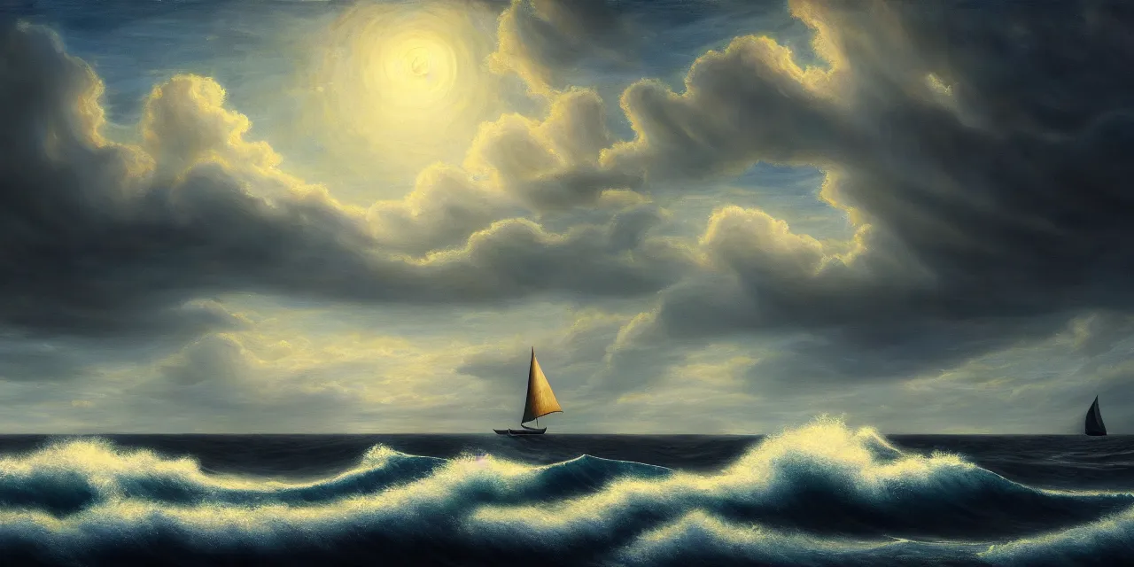 Prompt: A real photographic landscape painting with incomparable reality,Super wide,Ominous sky,Sailing boat,Wooden boat,Lotus,Huge waves,Starry night,Harry potter,Volumetric lighting,Clearing,Realistic,James gurney,artstation,8K