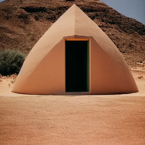 Image similar to a man wearing a green hoodie sitting outside a Non-Euclidean orb-like clay house sitting in the desert, vintage photo, beautiful cinematography, blue sky, film grain, wide angle, far away, James Turrell