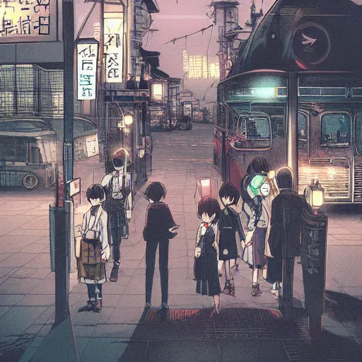 Image similar to dark city bus stop, Miyazaki tekkonkintreet Teikoku Shounen style, amazing Traditional Japanese style, very detailed,ArtStation