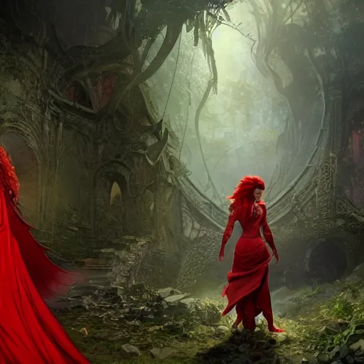 Prompt: a female draconic sorceress with curly red hair wearing a red dress and a red cloak exploring the ruins of an abandoned city in the jungle, fantasy, highly detailed, digital painting, artstation, concept art, character art, art by greg rutkowski and tyler jacobson and alphonse mucha