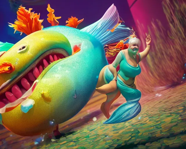 Image similar to of a very beautiful scene. ambient occlusion render. a sweet fat old woman is dancing with a huge colorful fish. hyper realistic. 4 k. wide angle. wild happiness. symmetrical face, red mouth, blue eyes. deep focus, lovely scene. ambient occlusion render. concept art. unreal engine.