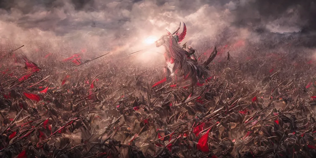 Image similar to Majestic powerfull red white Winged Hussars cavalry horde charging at ugly rainbow demons and trolls on ground, huge golden cross above them on the sky, white red eagle helping hussars, blood, snow, wide angle, professional kodak lenses, magic, fire, face painting, dramatic lighting, intricate, wild, highly detailed, digital painting, artstation, concept art, smooth, sharp focus, illustration, art by Beksiński Różalski artgerm and greg rutkowski and alphonse mucha, footage from space camera