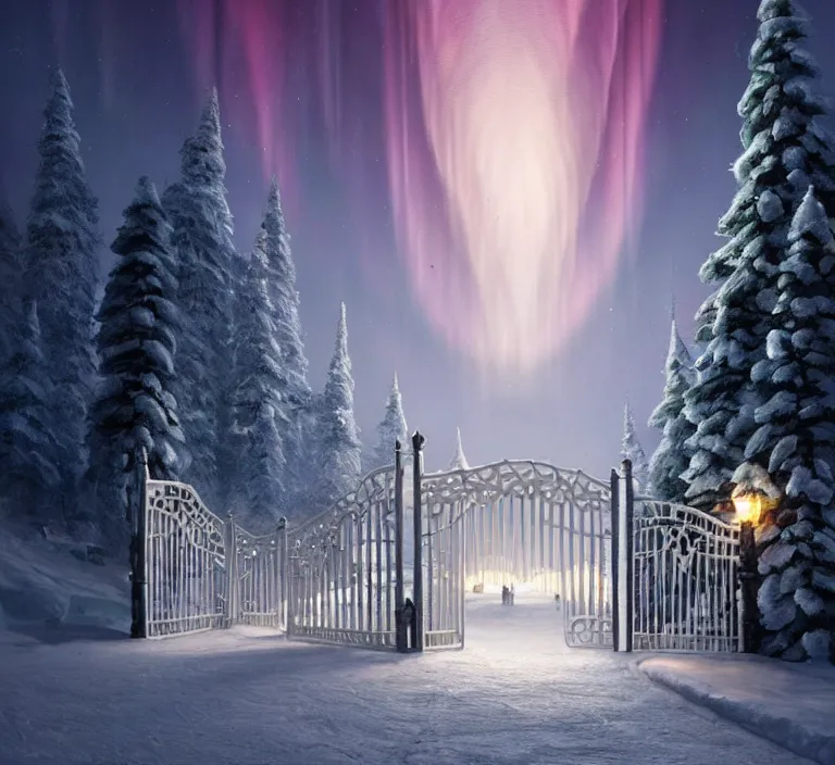 Image similar to a very detailed concept art of intricate and well designed white gates to santa's northpole, infused with aurora borealis by greg rutkowski, dynamic lighting, trending on artstation, path traced, highly detailed, high quality, digital painting,, digital art, 4 k, hyper realistic, octane render, sharp focus