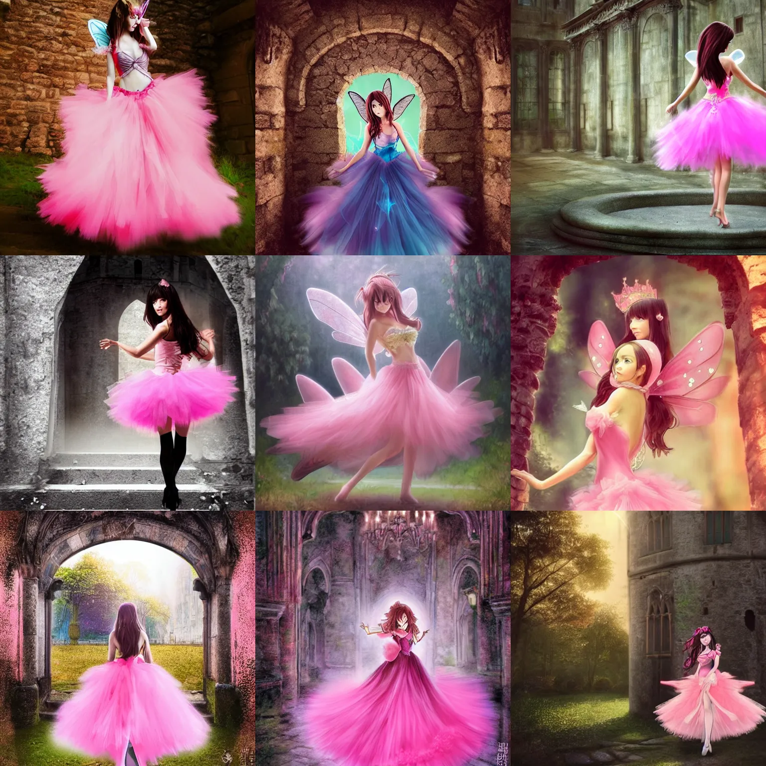 Prompt: brunette fairy woman wearing pink romantic tutu walking in a castle, medium shot, fantasy art, highly detailed, sharp focus, elegant, beautiful, amazing, astonishing, marvelous, incredible, trending on pixiv, anime art