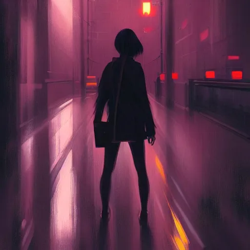 Prompt: a beautiful painting artwork of a woman on a rainy night, cyberpunk, by ilya kuvshinov featured on artstation