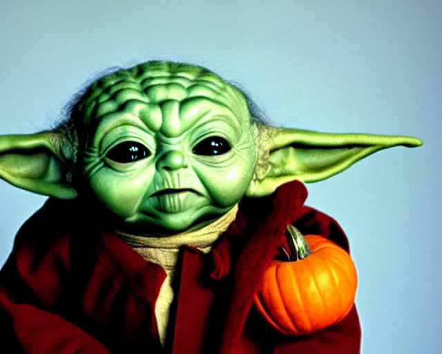 Image similar to Film still close-up shot of Baby yoda as Michael Myers from the movie Halloween. Photographic, photography