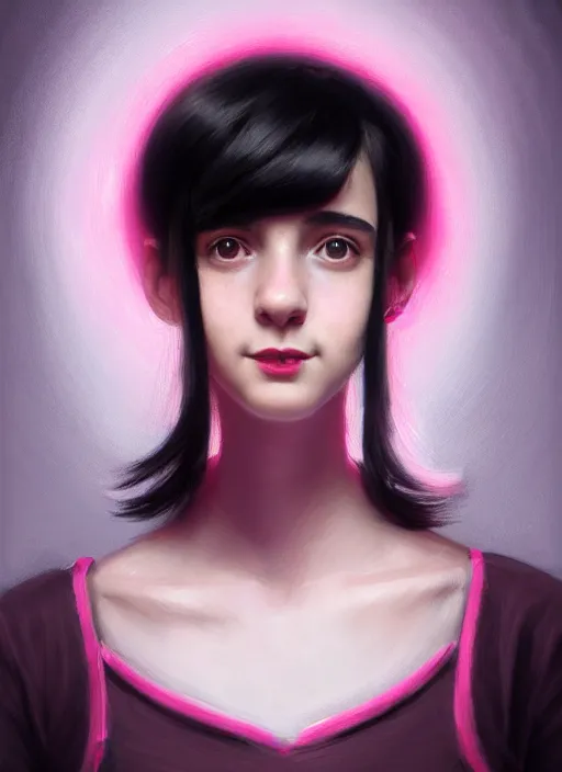 Image similar to portrait of teenage girl, realistic, black hair, bangs, half updo hairstyle, pointy nose, skinny, smile, ugly, defined jawline, big chin, pink hair bow, earrings, intricate, elegant, glowing lights, highly detailed, digital painting, artstation, sharp focus, illustration, art by wlop, mars ravelo and greg rutkowski