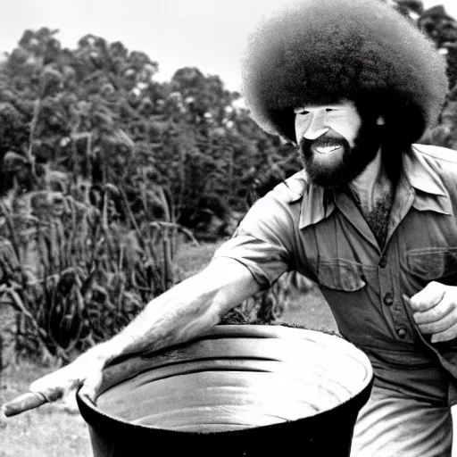 Image similar to bob ross rolling a metal barrel in the vietnam war