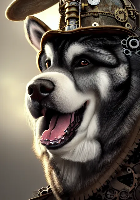 Image similar to hyper realistic ultra - detailed portrait of alaskan malamute face, steampunk hat with goggles and gears, upper body, detective coat, sharp focus, illustration, fantasy style, octane render, concept art, smooth, volumetric lighting, 8 k high definition, intricate, wide shot, by greg rutkowski, highly detailed, trending on art station