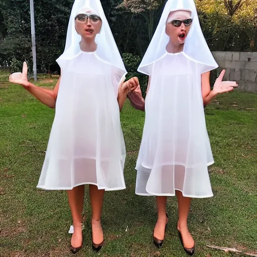 Prompt: photo of wearing pointed hats, translucent dresses, two freaky levitating twin nuns