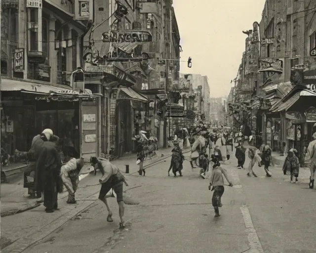 Prompt: vintage photograph of a busy neanderthal city street