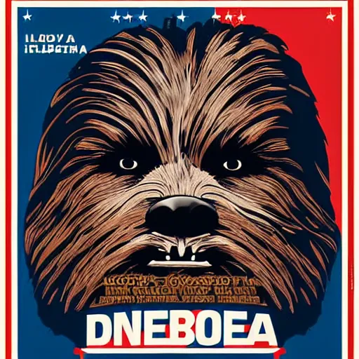 Image similar to chewbacca presidential election poster showing close up of chewbacca face red and blue duotone by sheperd fairey no text