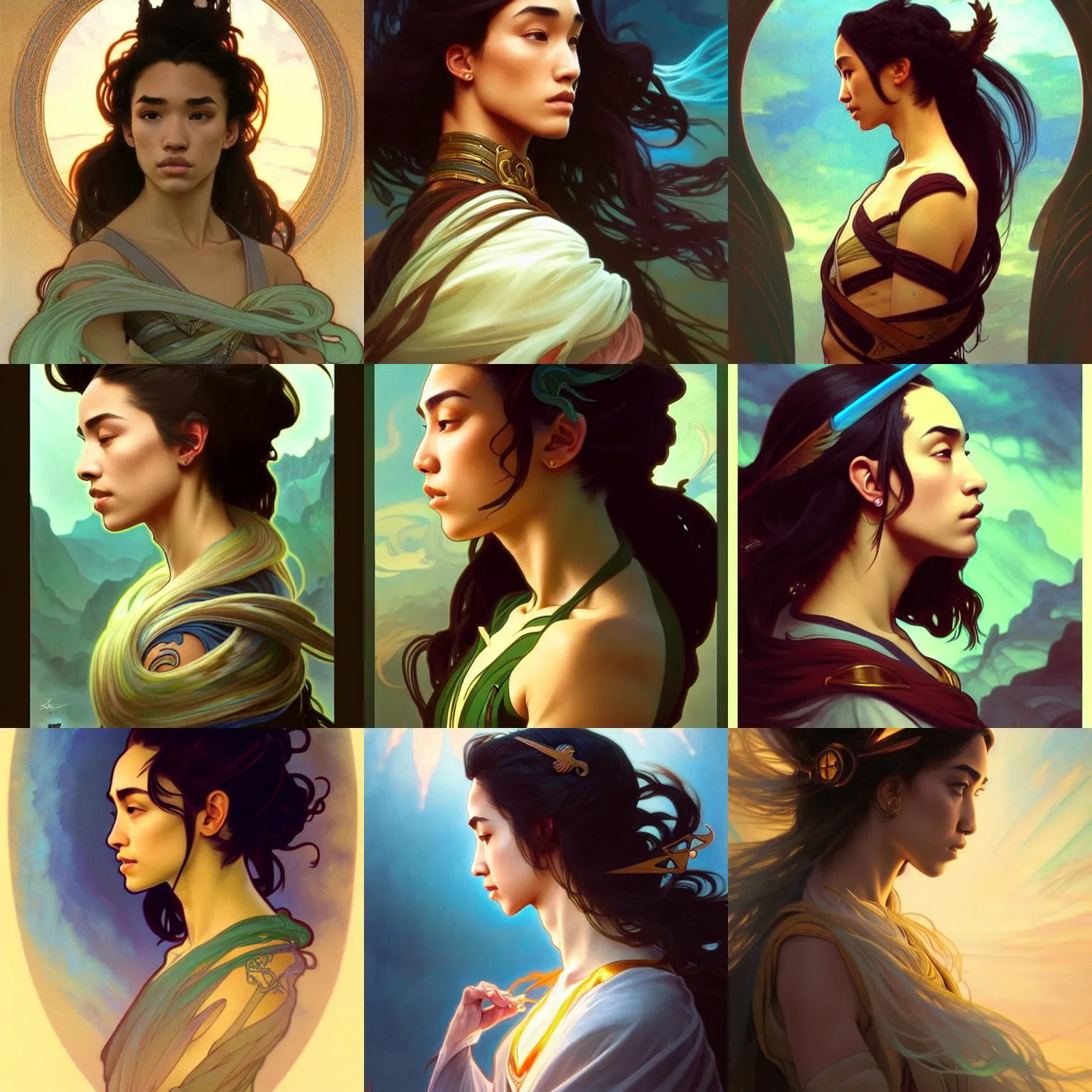 Prompt: side profile centered painted portrait, Adrianne Ho as a wind sorcerer, D&D, cell-shaded, matte painting concept art, bright backlit, official fanart, 4k, Pinterest, by Alphonse Mucha - H 704