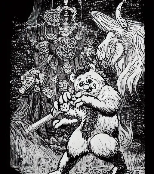 Prompt: a care bear as a d & d monster, pen - and - ink illustration, etching, by russ nicholson, david a trampier, larry elmore, 1 9 8 1, hq scan, intricate details, high contrast