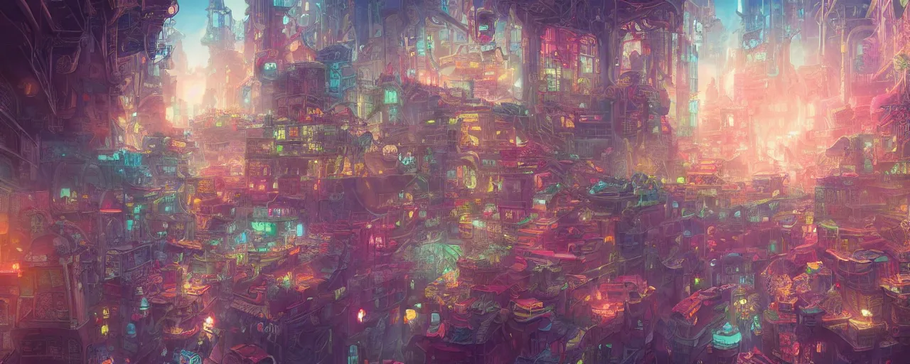 Prompt: detailed concept art illustration colorful pastel painting of a magical fantasy city in full intricate detail, ultra detailed, digital art, octane render, 4K, dystopian, micro details