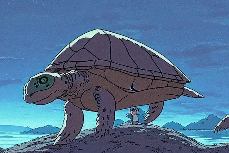 Prompt: a still from princess mononoke ( 1 9 9 7 ) film of an alien mothership shaped like a sea turtle, at night in the suburbs. full body, wide shot, very muted colors, post grunge, studio ghibli, laurie greasley, highly detailed, deviantart, art by artgem