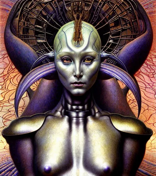 Image similar to detailed realistic beautiful young cher alien robot as queen of mars face portrait by jean delville, gustave dore and marco mazzoni, art nouveau, symbolist, visionary, baroque, concept. horizontal symmetry by zdzisław beksinski, iris van herpen, raymond swanland and alphonse mucha. highly detailed, hyper - real, beautiful