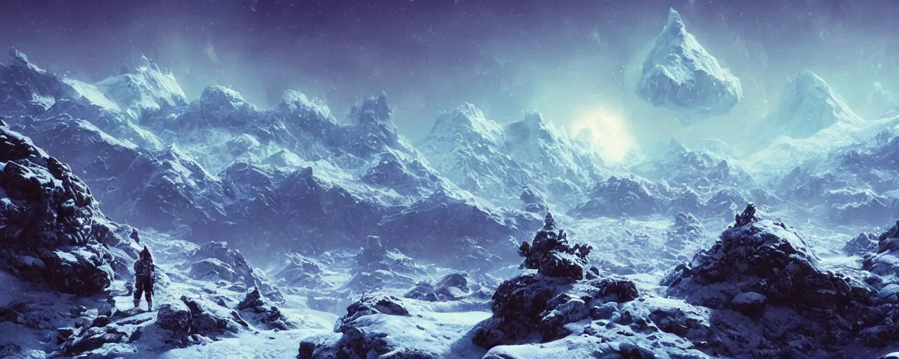 Prompt: ” outer planet with a rugged snow topped mountain range, [ art by paul lehr, cinematic, detailed, epic, widescreen, opening, establishing, mattepainting, photorealistic, realistic textures, octane render ] ”