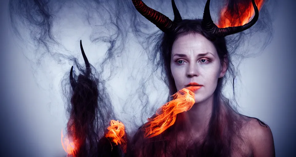 Image similar to portrait of a woman with horns made of flames in the wisps of thick smoke, horror, creepy vibe, looking into the camera, nightmare fuel, studio photography, studio lighting, realistic render, octane render, 4 k, 8 k, face in focus