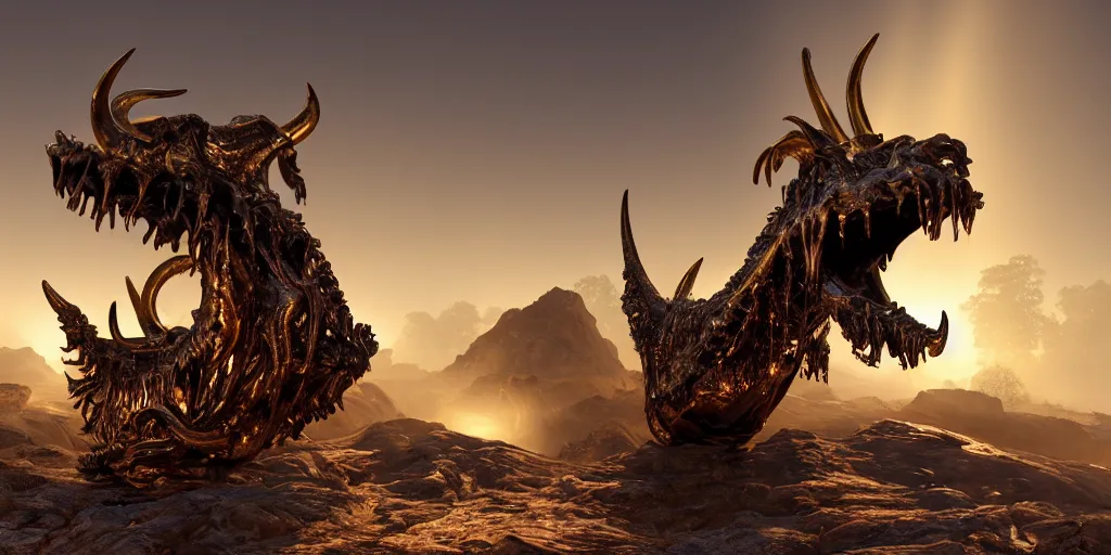 Prompt: ribs and spines and teeth, gold ram horns, copper goat skulls, grand imposing powerful sculpture. swirls of mist. sunrise, intense light beams, lens flare. occult photorealism, uhd, amazing depth, volumetric lighting, cinematic lighting. epic landscape.