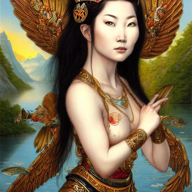 Image similar to in the art style of bagshaw tom artgerm and bowater, charlie, by bagshaw tom, artgerm and bowater, charlie, portrait of a beautiful asian mongolian princess goddess spreading its wings, portrait of princess wearing a beautiful ornate crown, in the background lake baikal is seen